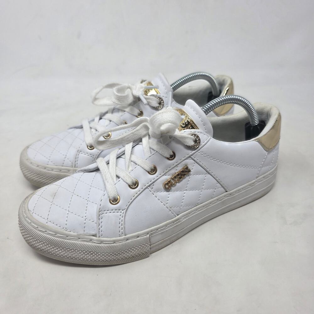 Guess Quilted White Gold Lace Up Sneakers Womens Size 8